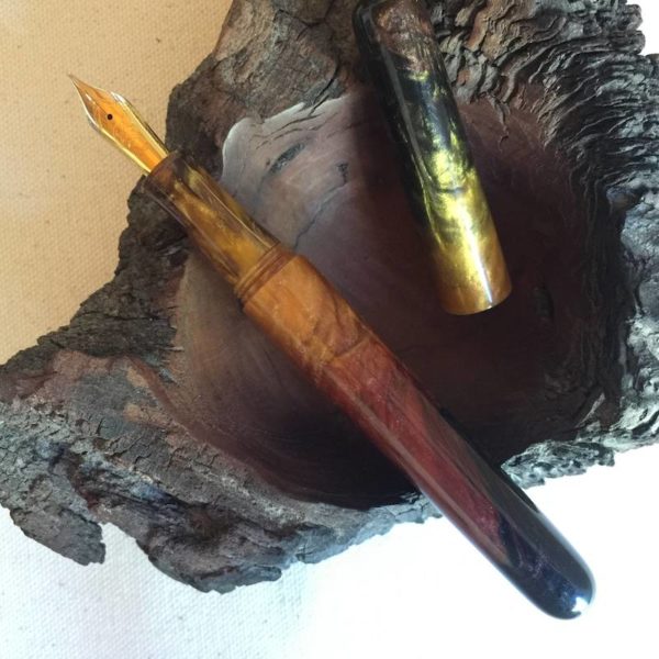 African Bushveld fountain pen against a wooden bowl
